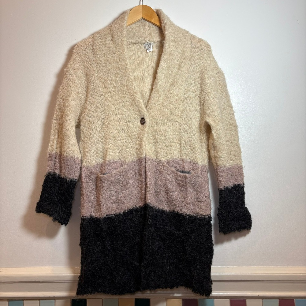 Hoss Intropia Mohair Alpaca Wool Cardigan XS‎ Ivory Colorblock Long Knit Fuzzy